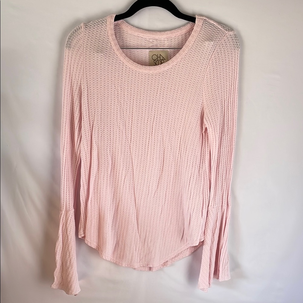 Pink Ribbed‎ Bell Sleeve Blouse